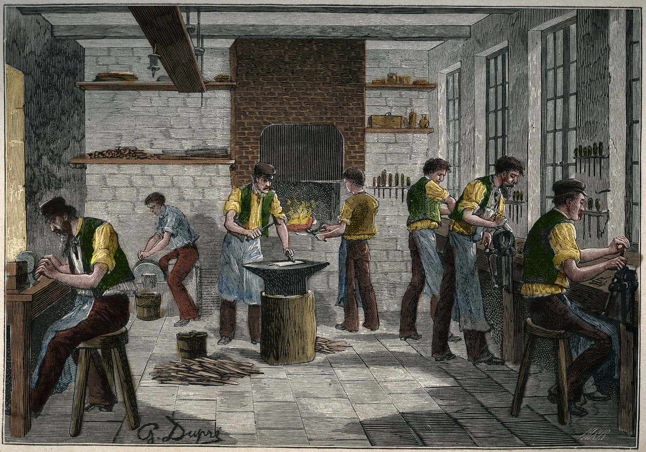 Nožířská dílna ve Francii v 19. století. Rytina z roku 1885 v „“Les arts et metiers illustres““ od Adolpha BITARDA. od Unknown artist