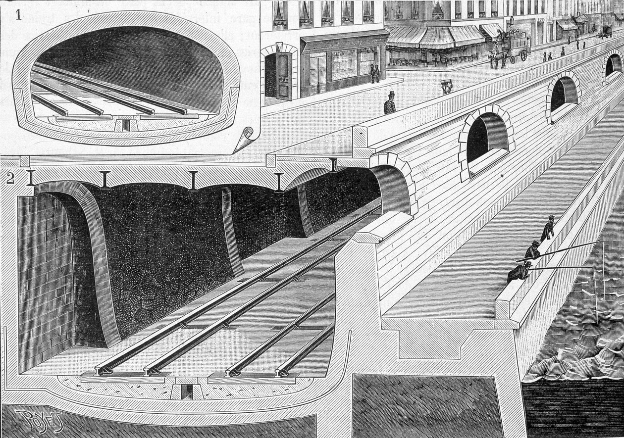Přeřezání trati v částech tunelu (přivedení vlaků do stanice Orléans) s železnou podlahou přímo podpírající vozovku - v „La Nature““ od Unknown artist