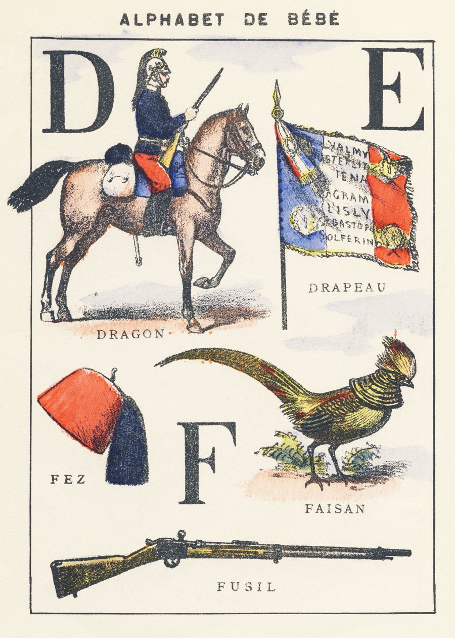 D E F: drak, vlajka, bažant, fez, puška od Unknown artist