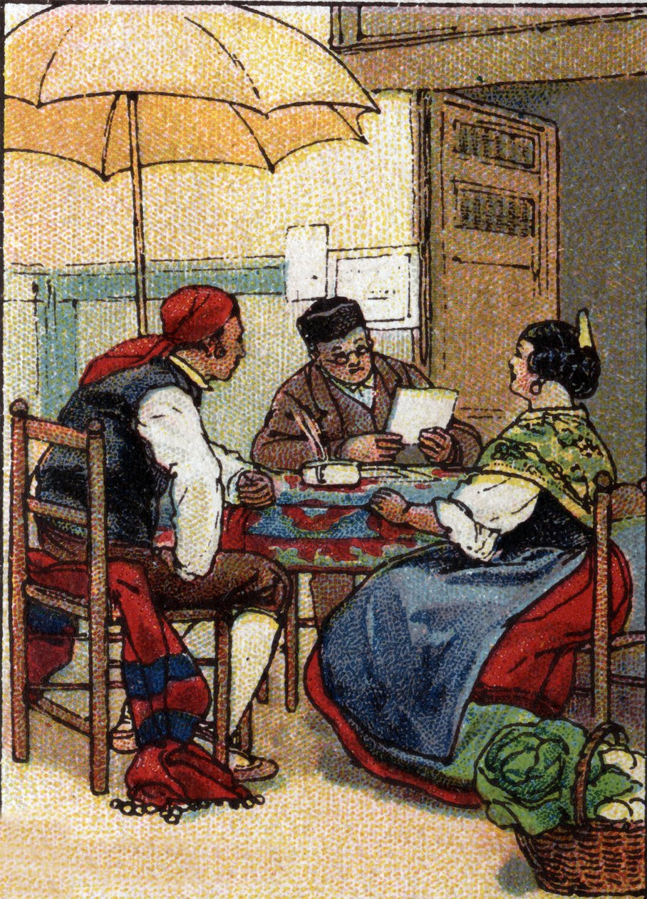 Každodenní život ve Španělsku: negramotný pár oslovuje veřejného spisovatele, začátek 20. století (chromo) od Unknown Artist