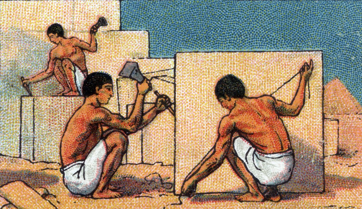 Každodenní život ve starověkém Egyptě: kameníci pracující na stavbě pyramid, začátek 20. století (chromo) od Unknown Artist