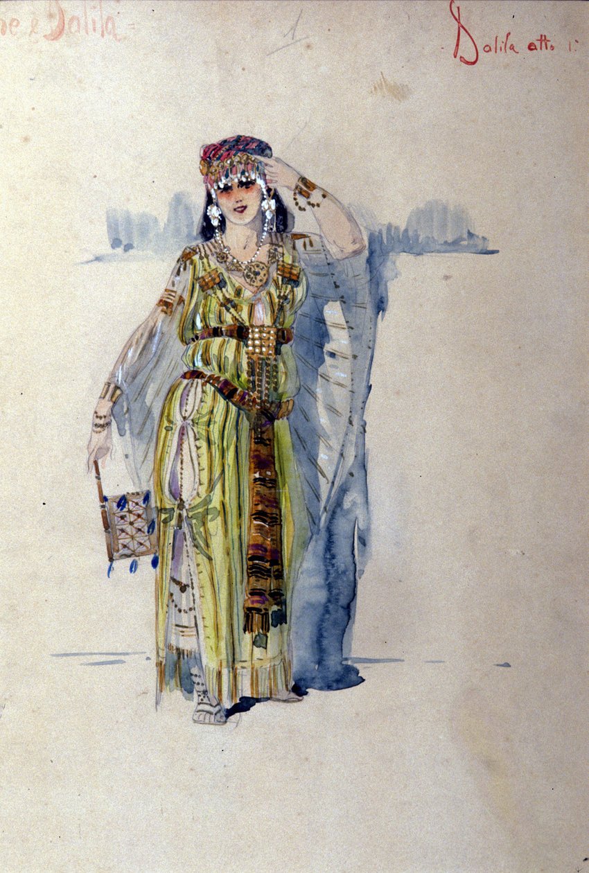 Kostým Dalila pro první dějství opery „“Samson a Dalila““ od Camille Saint Saens (Saint-Saens). 1877 od Unknown artist