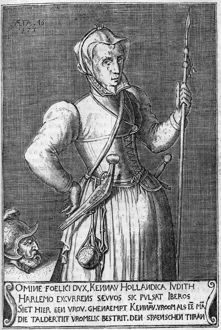 Dame Kenau Simonsdochter Hasselaer (1526-1588), hrdinka Haarlemu (Nizozemsko) během boje proti Španělům v roce 1572. Rytina ze 17. století v porovnání s Juditou z Holofernu. od Unknown artist