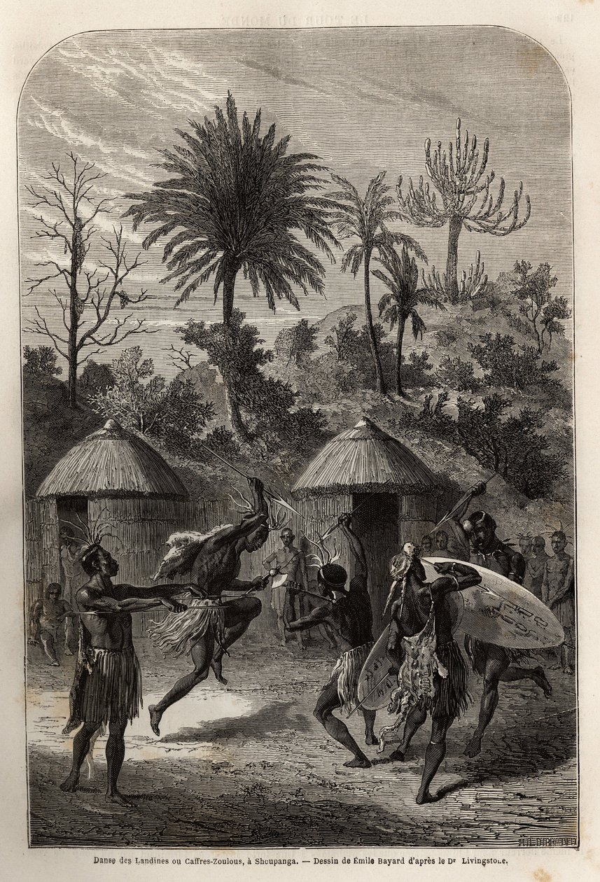 Tanec Landines nebo Zulu caffres v Shoupanga (pravý břeh řeky Zambeze). Rytina k ilustraci prvních plaveb Dr. Livingstonea do jižní Afriky v letech 1840 až 1856 v „Le tour du monde, nouveau journal des voyages““ publikovaném pod dire od Unknown artist