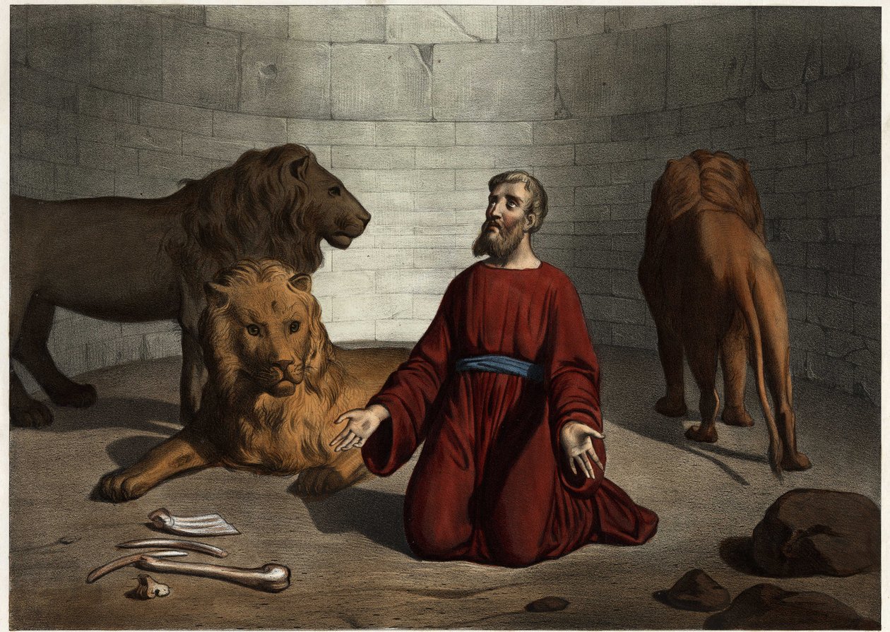 Daniel, kterého král předhodí lvům, je chráněn andělem pána, který zvířata uklidňuje. Anonymní rytina z poloviny 19. století. od Unknown artist