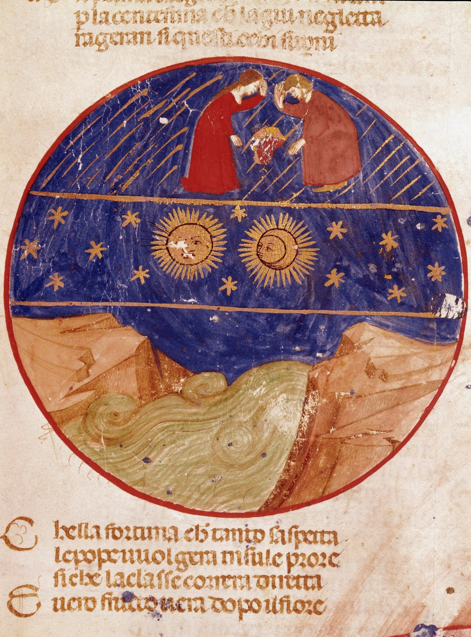 Dante a Beatrice se dívají z nebe, Země a hvězd. Osvětlená stránka ilustrující píseň Paradise z „Divina Commedia“ od Dante Alighieriho (1265-1321). 14. století, Benátky, Biblioteca Marciana od Unknown artist