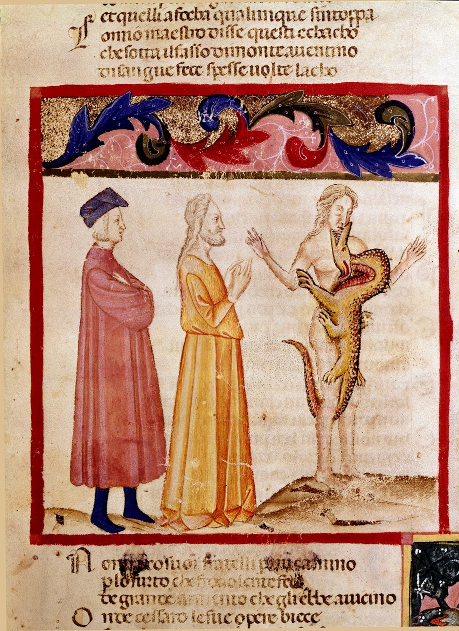 Dante a Virgil potkají duši hříšníka odsouzeného k sežrání drakem. Osvětlená stránka ilustrující píseň Pekla čerpá z „Divina Commedia“ od Dante Alighieriho (1265-1321). 14. století, Benátky, Biblioteca Marciana od Unknown artist