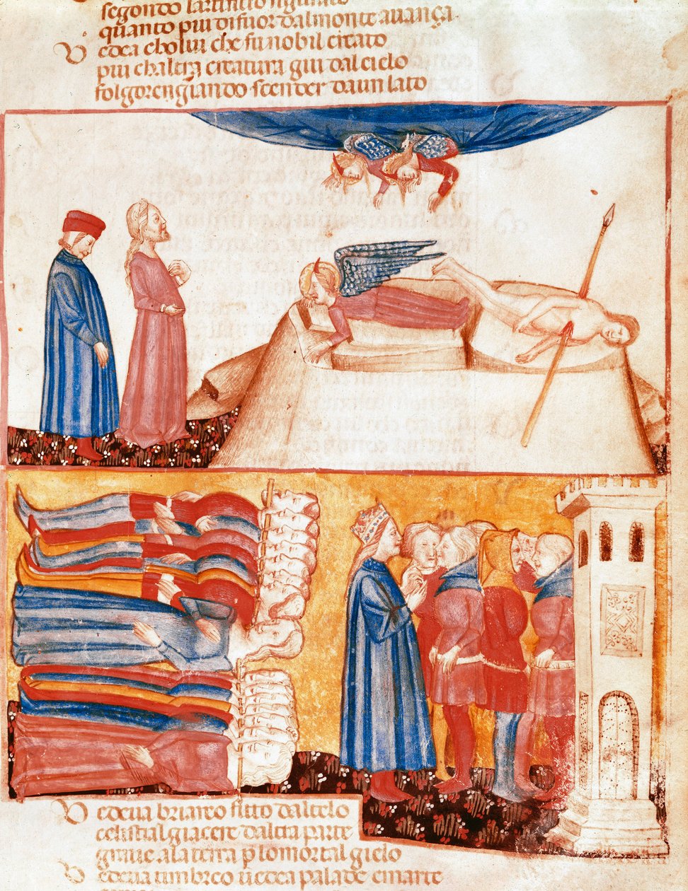 Dante a Virgil potkají duše násilně mrtvých lidí. Osvětlená stránka ilustrující píseň Antipurgatory z „Divina Commedia““ od Dante Alighieriho (1265-1321). 14. století, Benátky, Biblioteca Marciana od Unknown artist