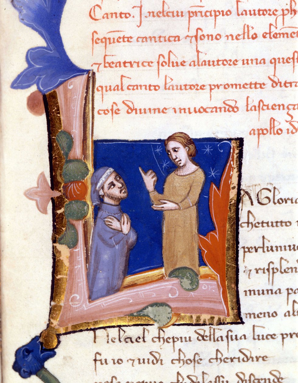Dante přivítal Bèatrice u vchodu do ráje. (lettrine "" L ") Rukopis Divina Commedia (Božská komedie) ze 14. století knihovna Milana Trivulziana od Unknown artist