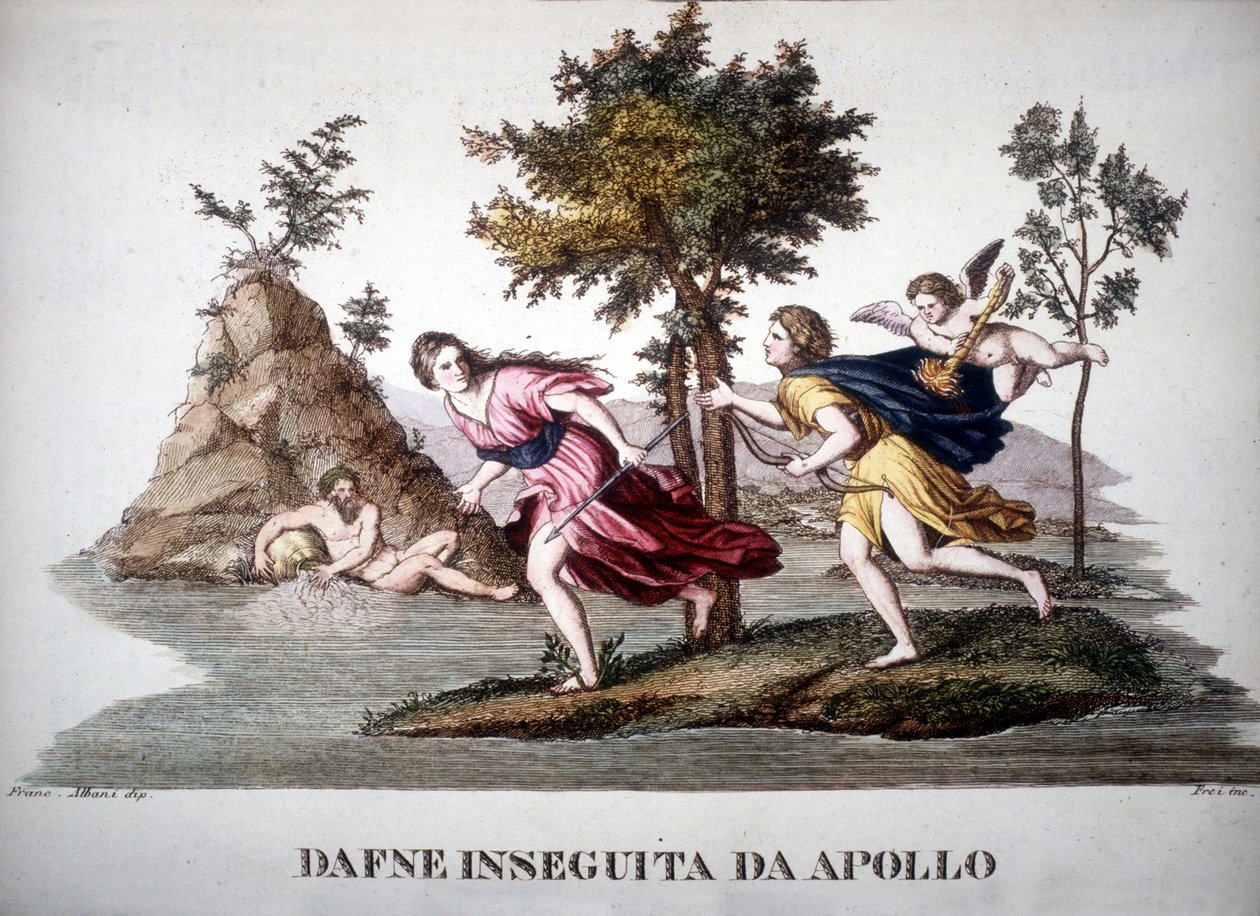 Daphne pronásledovaná Apollonem - v Mytologickém slovníku od Unknown artist