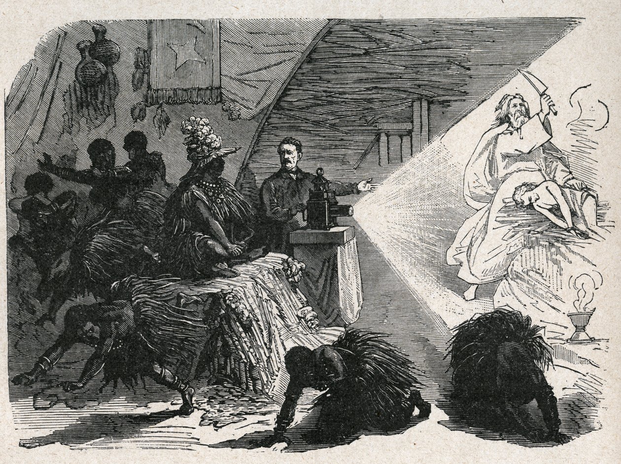 David Livingstone (1813-1873) skotský misionář a průzkumník s kouzelnou lucernou v Balondě. od Unknown artist