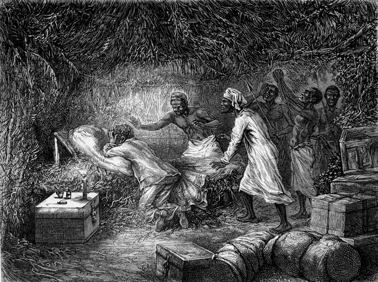 David Livingstone zemřel na úplavici ve vesnici Tchitammbo v roce 1873 – „“ Livingstoneova poslední plavba 1866-1873““ v „“ Tour du Monde“, 2. sem. 1875 od Unknown artist