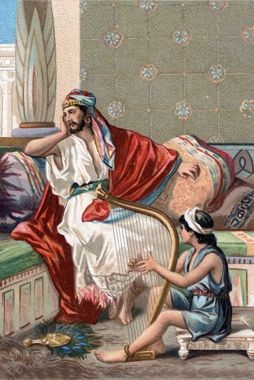 David hrál na cithar před králem Saulem, aby ho uklidnil. od Unknown artist