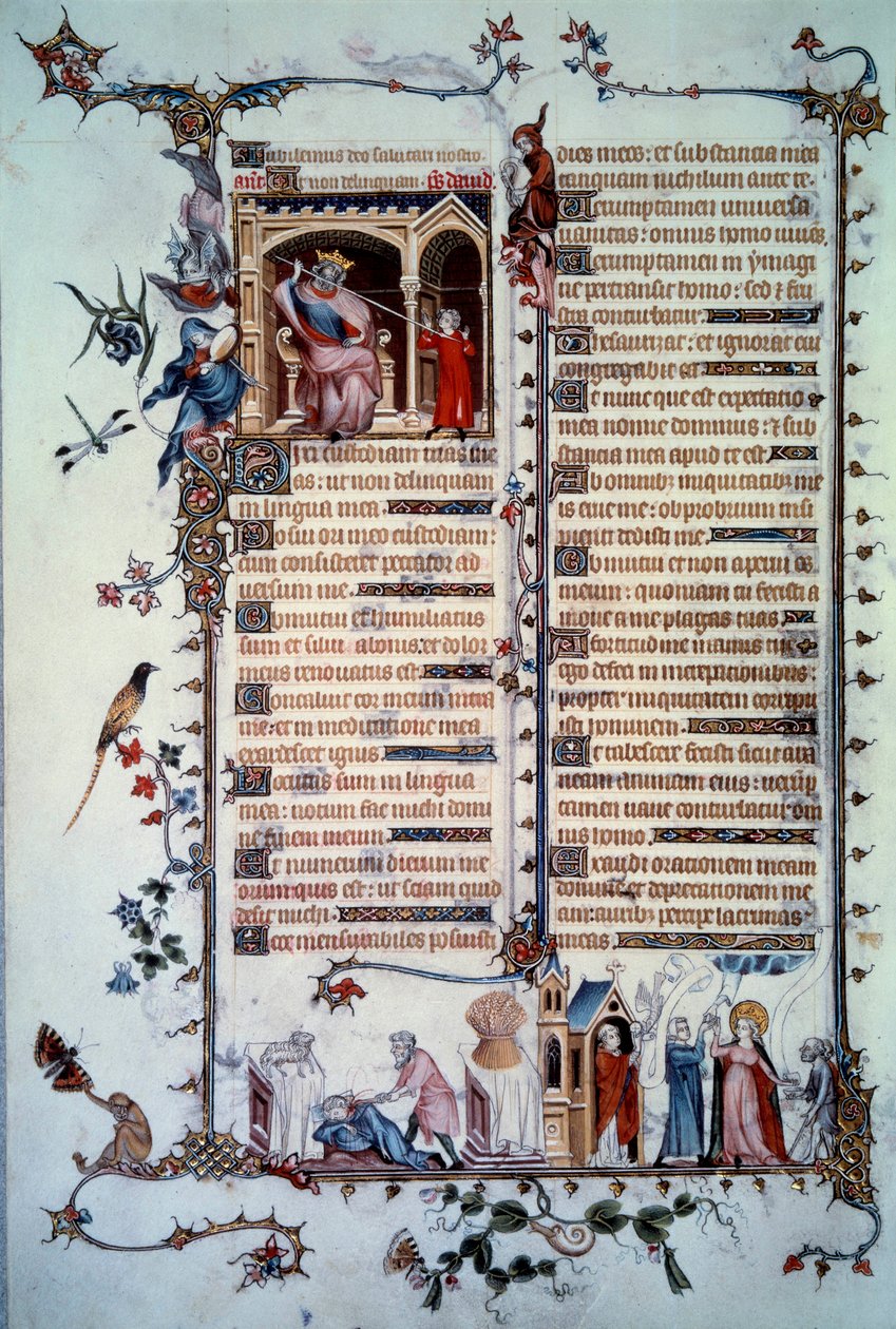 David vyhrožuje Saulem. Alegorie chamtivosti. Svátost přijímání. Alegorie dobročinnosti. Miniatura převzatá ze žalmu „Breviaire de Belleville““ od Unknown artist