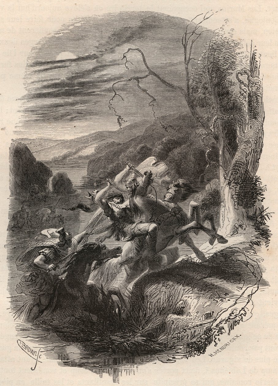 Smrt Indutiomara (Induziomaro), náčelníka Trevirů, zabitého římskou armádou v roce 53 př. Kr. Rytina z roku 1868 v „Histoire de Belgique od primitivních dob do konce vlády Leopolda I.““ od Theodora Justeho (1818-1888). Soukromá sbírka. od Unknown artist