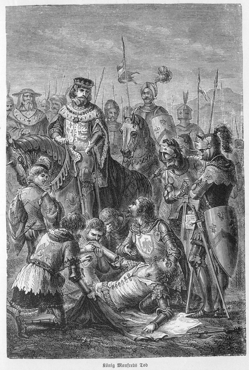 Smrt Manfreda, sicilského krále - 1266 - Manfred zabit v bitvě - Bitva o Benevent (26. února 1266): smrt Manfreda I. (z Hohenstaufenu od Unknown artist