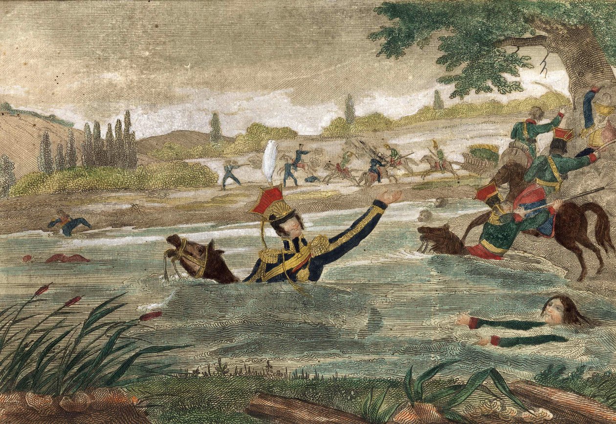 Smrt prince Josepha (Jozef) Antoni Poniatowski (narozen 1763) při průchodu Eelster v roce 1813, rytina doby od Unknown artist