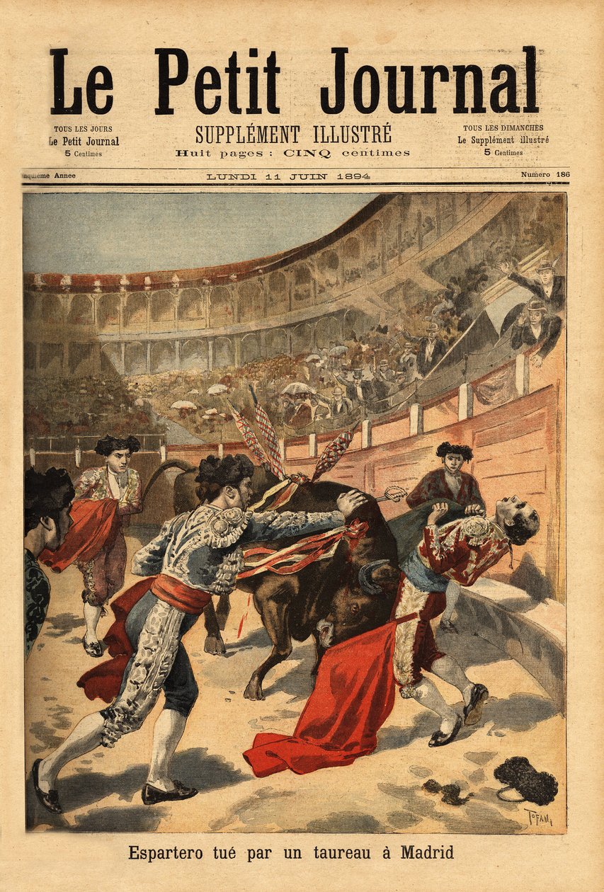 Smrt španělského matadora Manuela Garcíi dit Espartero (1865-1894) v madridských arénách býčí estokádou. Rytina v „“ Le petit journal““ 7. 2. 1894. Selva sbírka. od Unknown artist