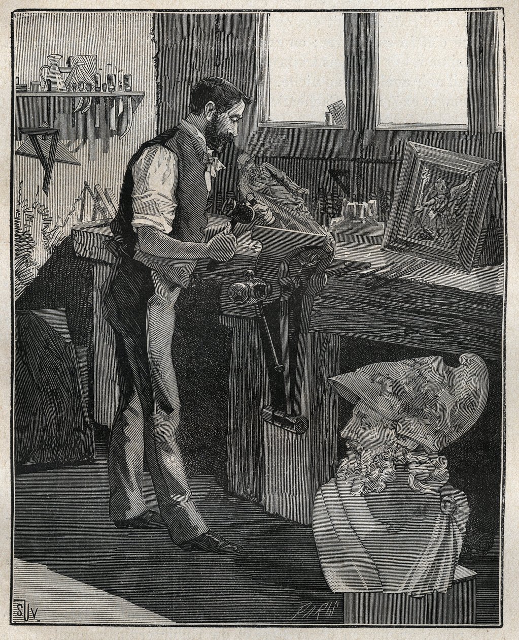 Dekorace stříbra: bronzový sekáč. Rytina z roku 1885 v „“Les arts et metiers illustres““ od Adolphe BITARDA. od Unknown artist