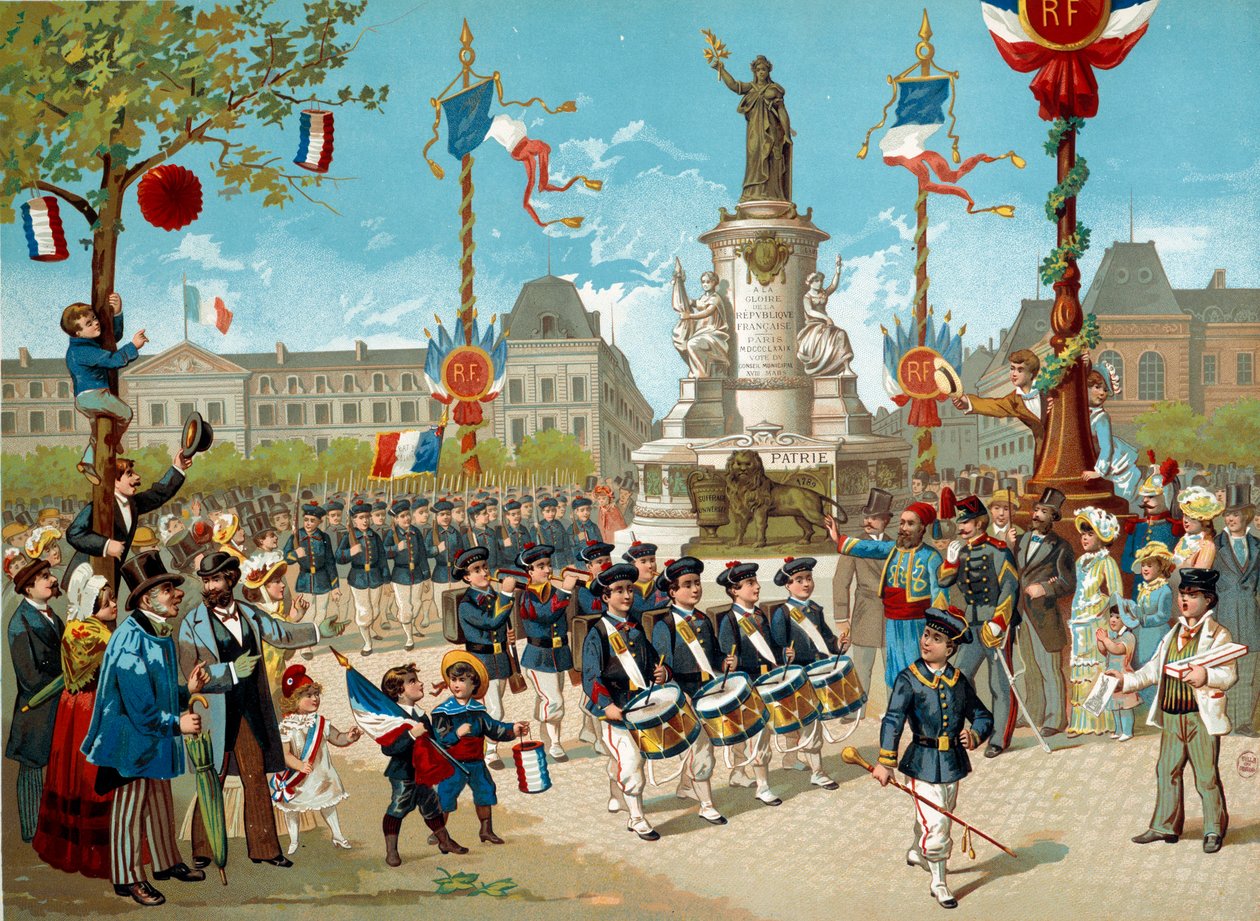 Poskvrňte děti školních praporů na Place de la Republique 14.7.1883 v Paříži. Litografie Paříže 19. století, Musee Carnavalet od Unknown artist