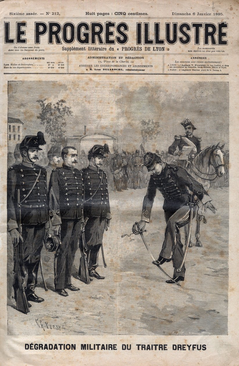 Degradace Alfreda Dreyfuse - Dreyfusův případ: Degradace Alfreda Dreyfuse na nádvoří vojenské školy, Paříž, 5. ledna 1895 - Rytina v „Ilustrativním pokroku“ z roku 1895 - od Unknown artist