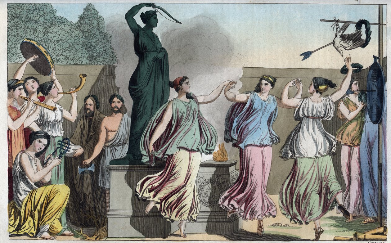 Delian Dance na svátku Diany nebo Artemis (bohyně lovu) - rytina z „“ Zvyků a tradic všech národů vesmíru. To je historie vlády, zákonů, milicí, náboženství všech národů od nejvzdálenějších dob až po od Unknown artist