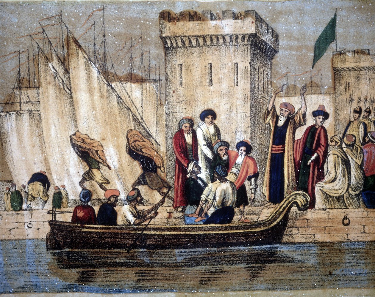 Odjezd z Maurů z Alžíru, po kolonizaci Francouzi, starý nebo nemocný muž je naložen na loď. 19. století od Unknown artist