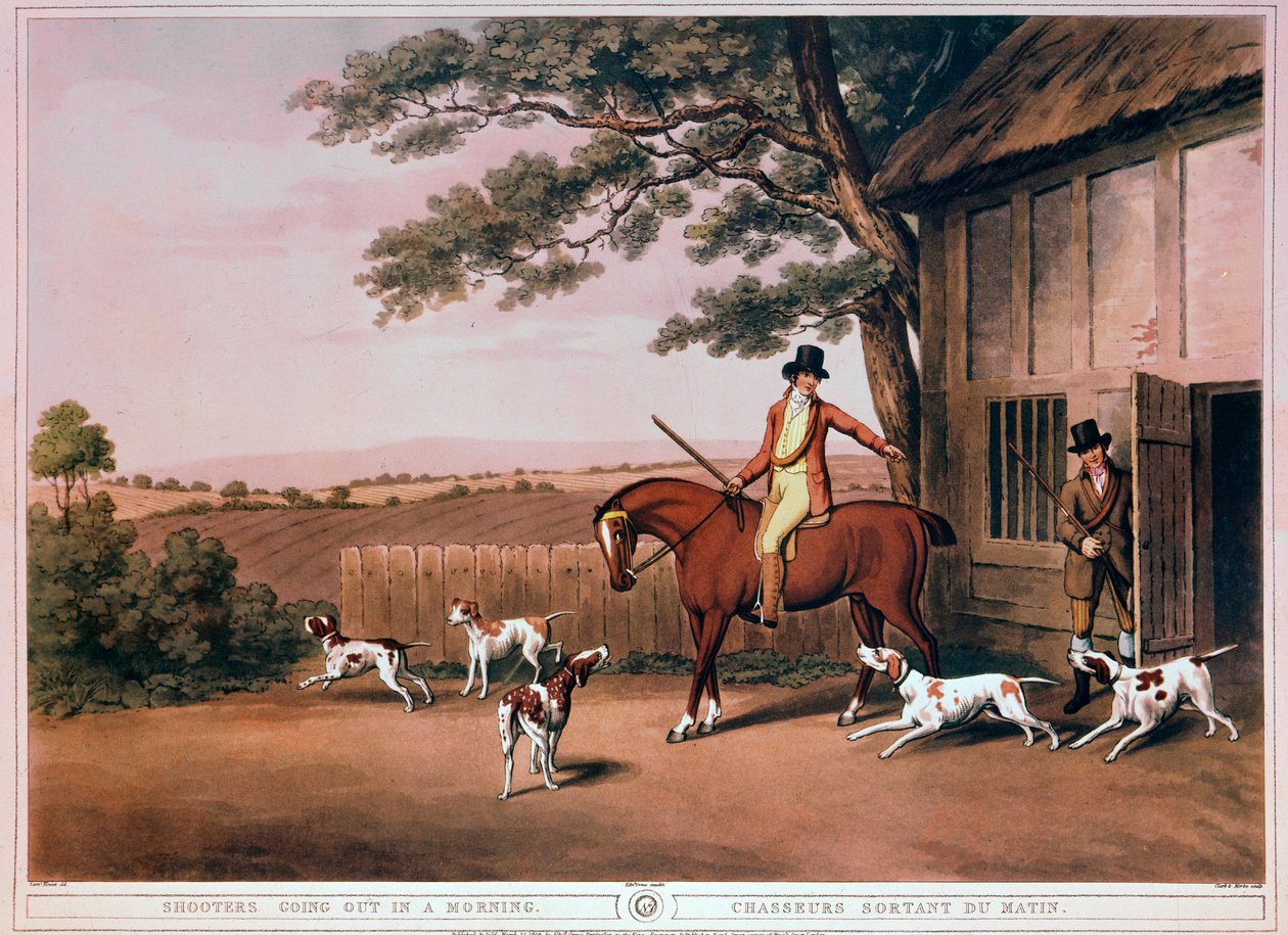 Brzy ráno odjel na lov lovce a jeho psů v Anglii. Rytina 19. století. Gien, lovecké muzeum od Unknown artist
