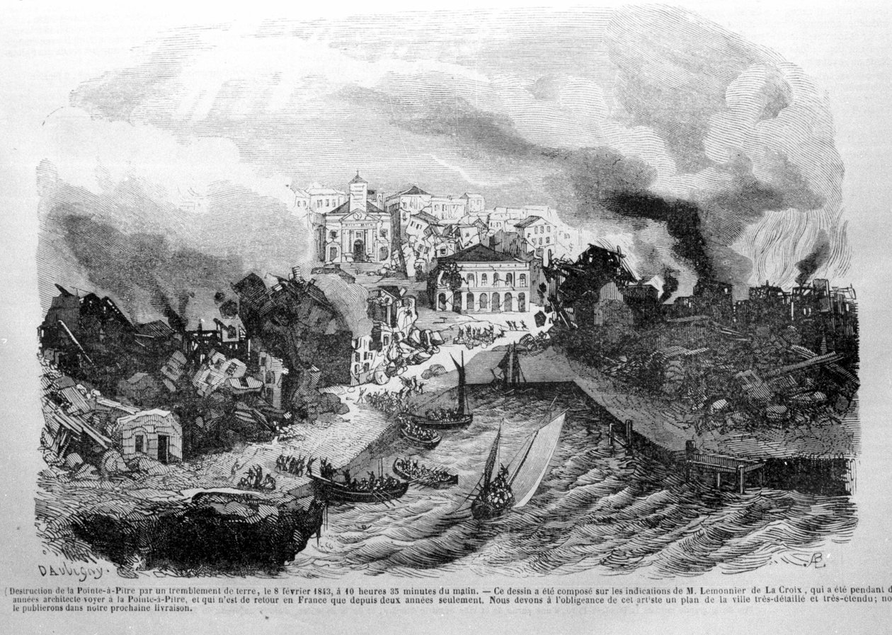 Zničení Pointe à Pitre (Guadeloupe) zemětřesením dne 8.2.1843. Rytina 1843. od Unknown artist