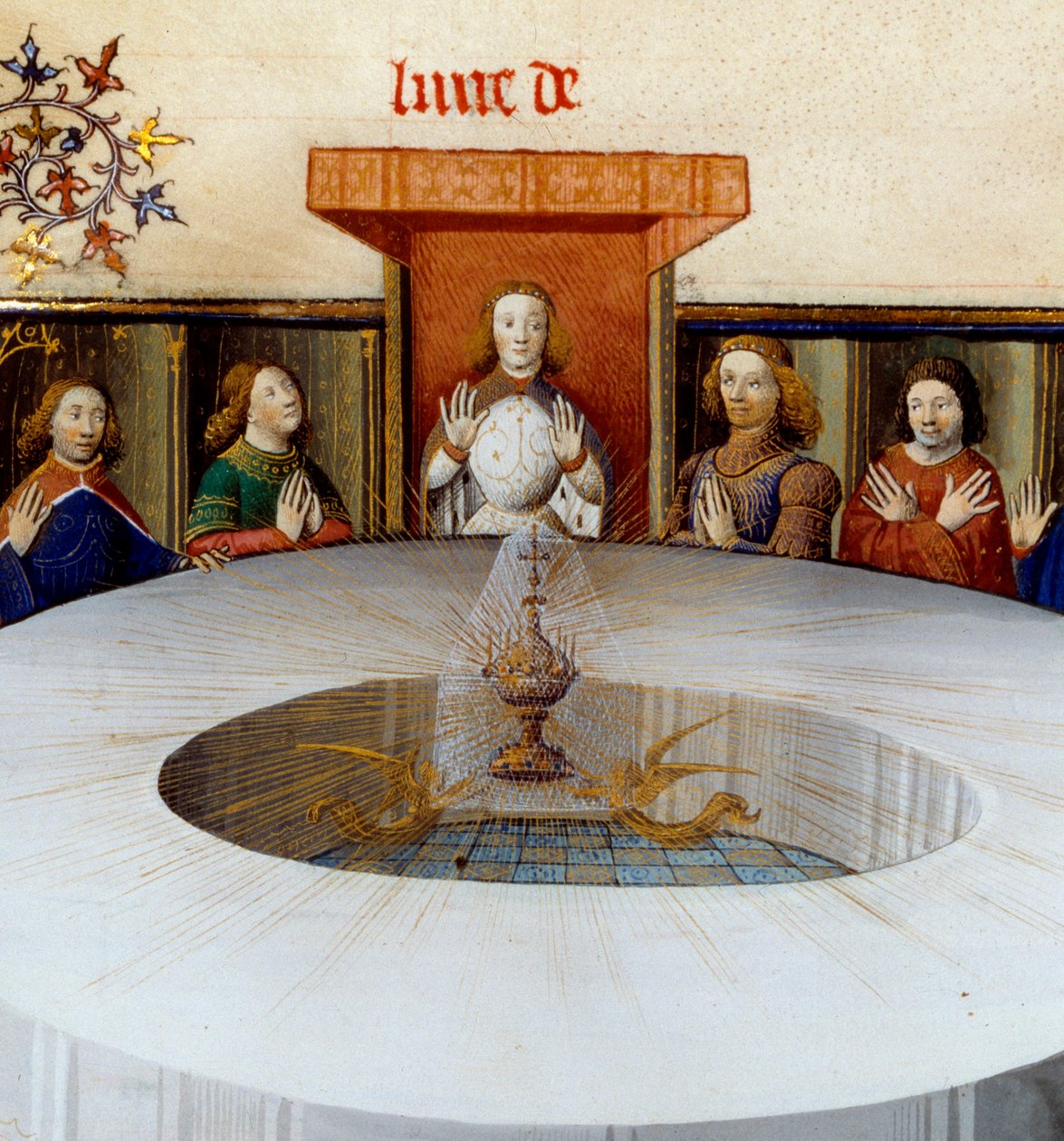 Detail: Rytíři kulatého stolu z „Příběhu Lancelota“. Vystoupení svatého grálu před rytíři kulatého stolu, miniatura převzatá z „Historie Lancelot“, velin od Unknown artist
