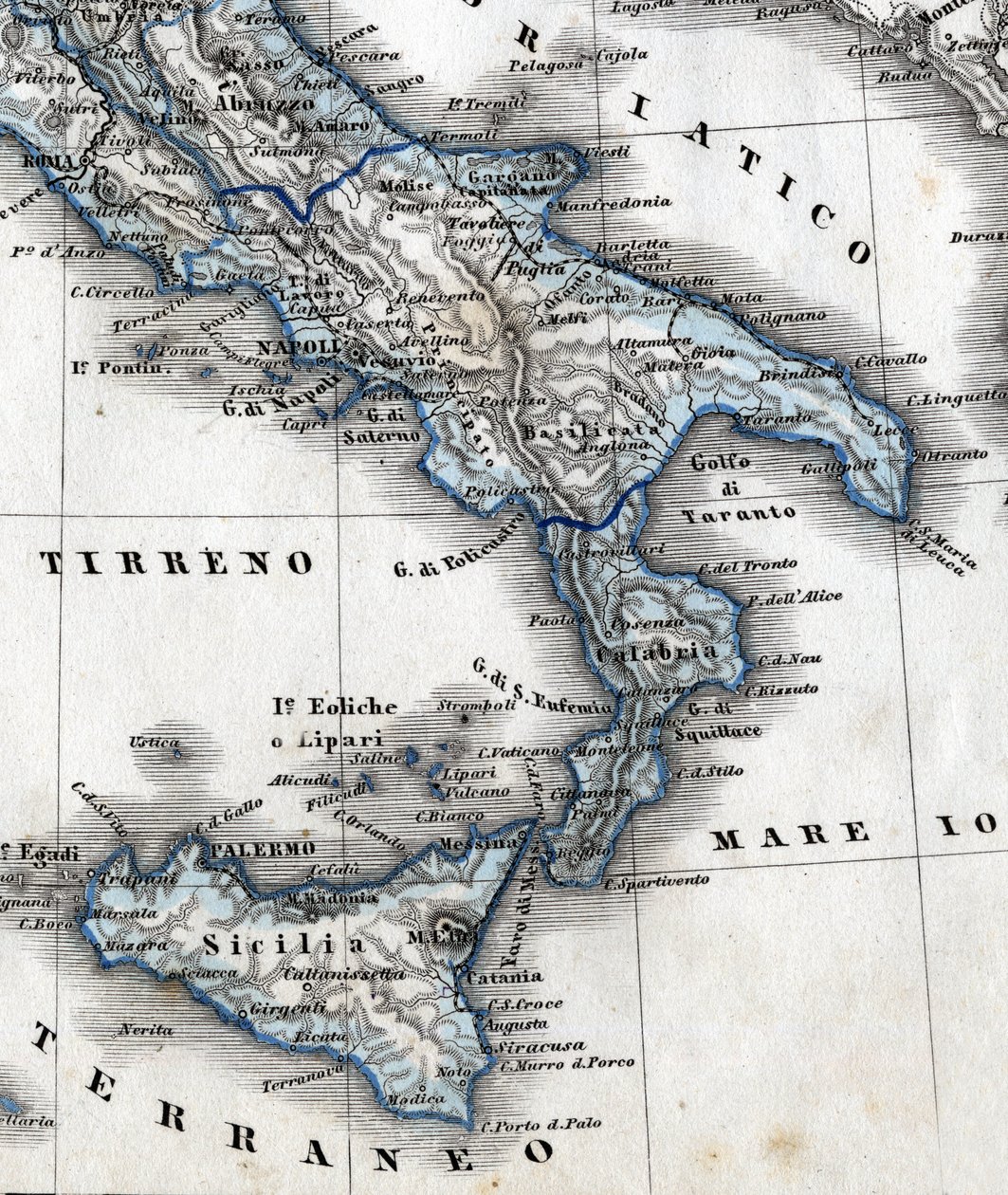 Detail geografické mapy představující jižní Itálii (regiony Kampánie, Kalábrie, Sicílie, Puglia, Molise Abruzzo). 19. století od Unknown artist