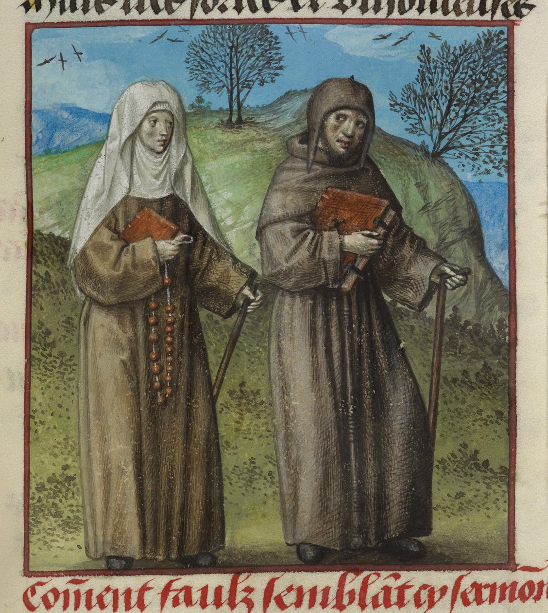 Detail miniatury Abstinence Contrainte (nucená abstinence) a Faux Semblant (falešné zdání) na cestě za Malebouche (zlý jazyk) z „Le Roman de la Rose“ od Unknown artist