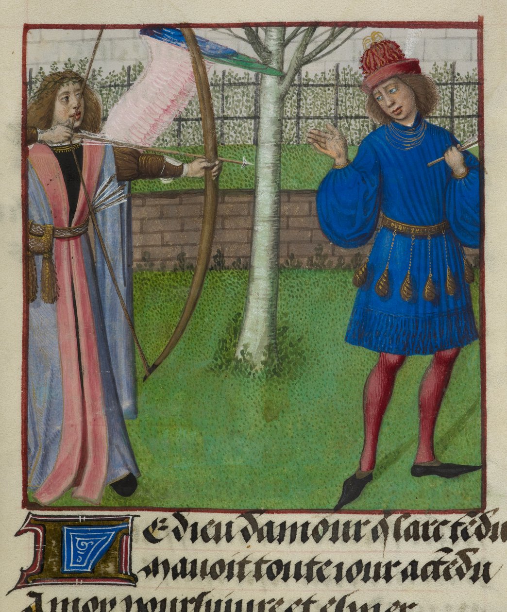 Detail miniatury Amour (Lásky) mířící na milence s lukem a šípy, z „Le Roman de la Rose“ od Unknown artist