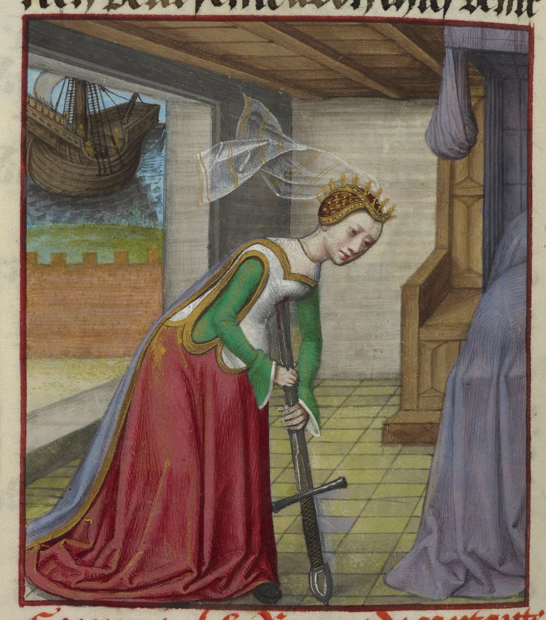Detail miniatury Dido padající na meč a spáchání sebevraždy po Aeneově zradě, z „Le Roman de la Rose“ od Unknown artist