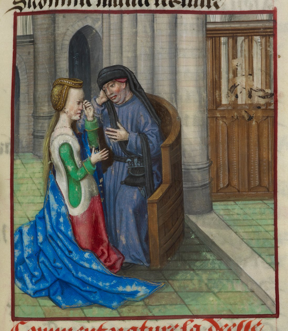 Yksityiskohta luonnon pienoismallista tunnustamassa papille, "Le Roman de la Rose" od Unknown artist