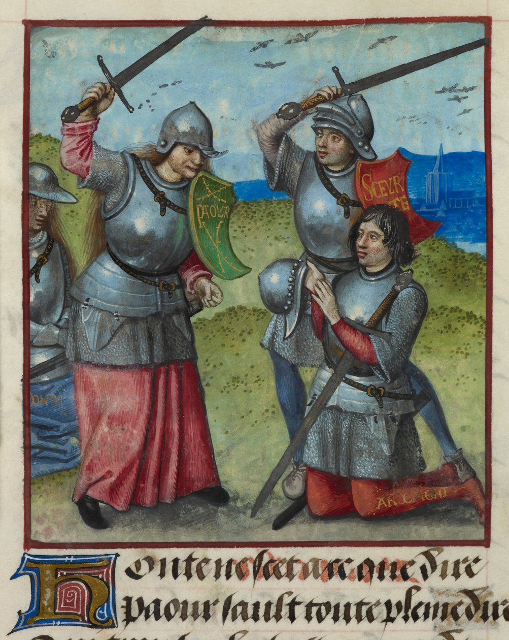 Detail miniatury Peura bojujícího, zatímco se Honte dívá, z „Le Roman de la Rose“ od Unknown artist