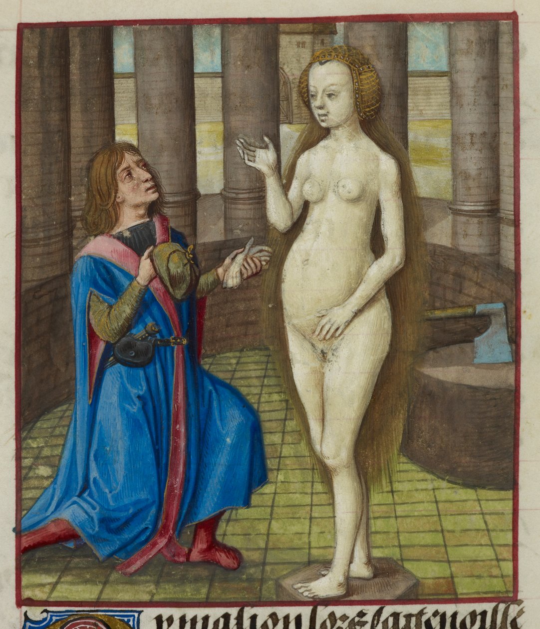 Detail miniatury Pygmaliona na kolenou, který žádá sochu o odpuštění. od Unknown artist