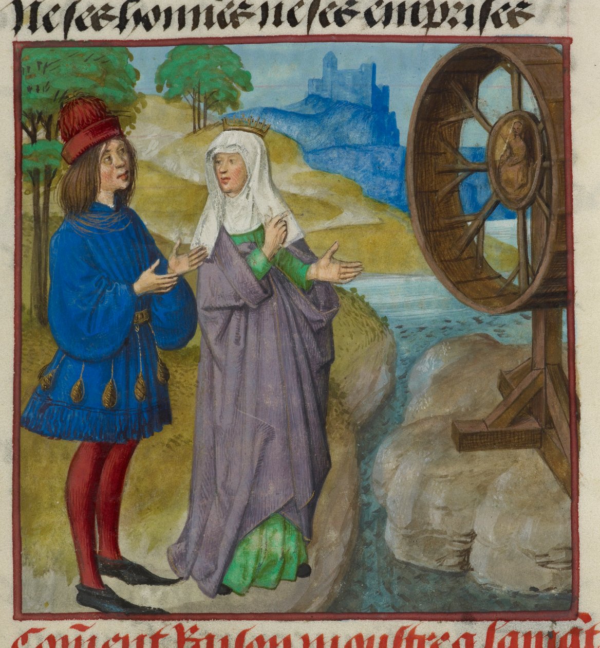 Yksityiskohta Raisonin (Reason) pienoismallista, joka näyttää Onnenpyörän rakastajalle, Le Roman de la Rosesta od Unknown artist
