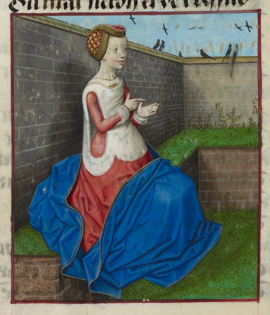 Yksityiskohta istuvasta naisesta aidatussa puutarhassa, joka laskee sormillaan, Le Roman de la Rosesta od Unknown artist