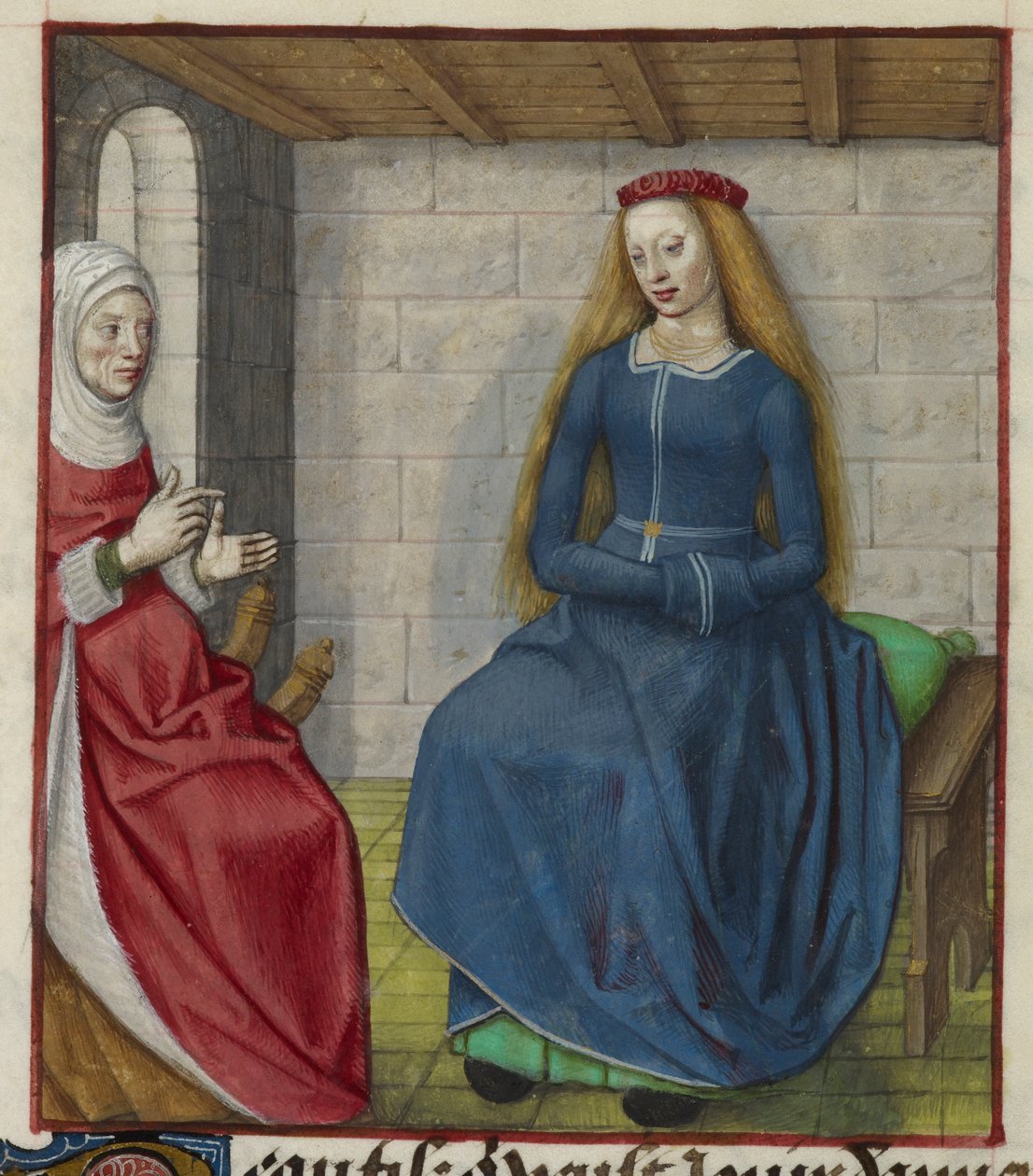 Detail miniatury la Vieille (Duenna) a Bel Accueil (Fair Welcome), z 