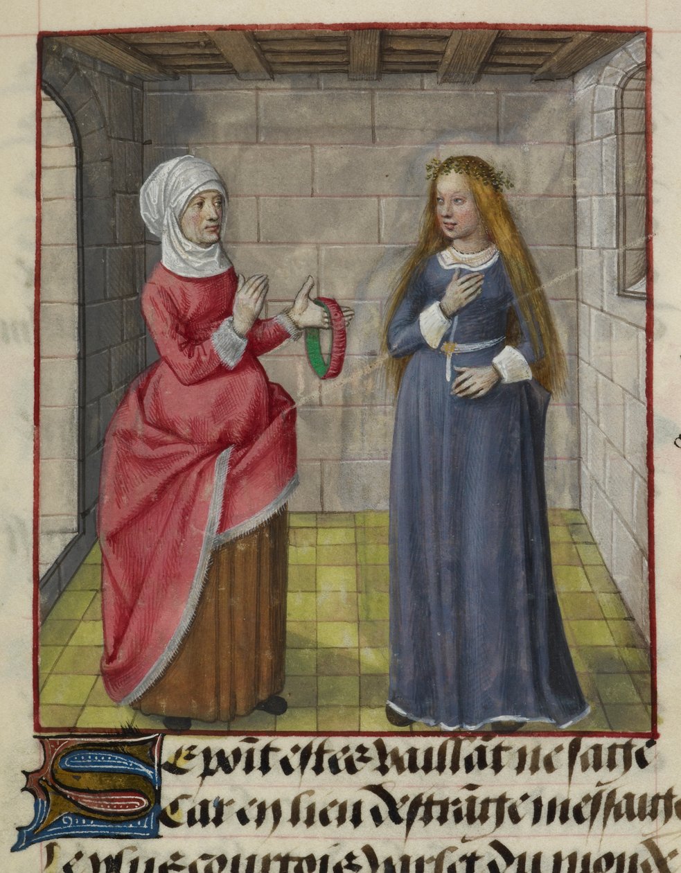 Yksityiskohta pienoiskoosta la Vieillestä (Duenna) ja Bel Accueilista (Fair Welcome), Le Roman de la Rosesta od Unknown artist