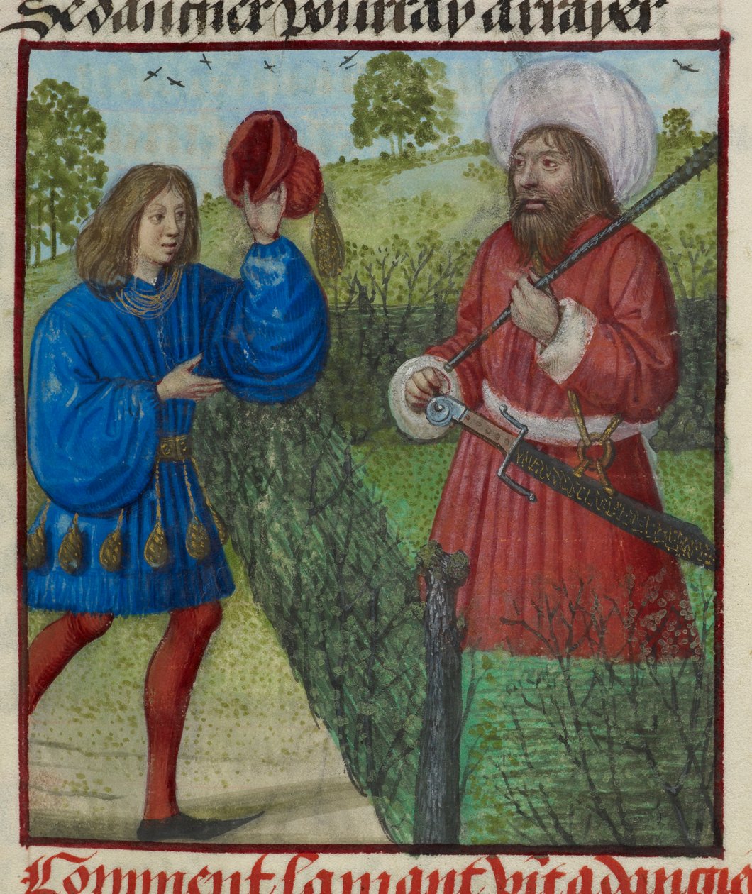 Detail miniatury milence zdravícího nebezpečí, z „Le Roman de la Rose“ od Unknown artist