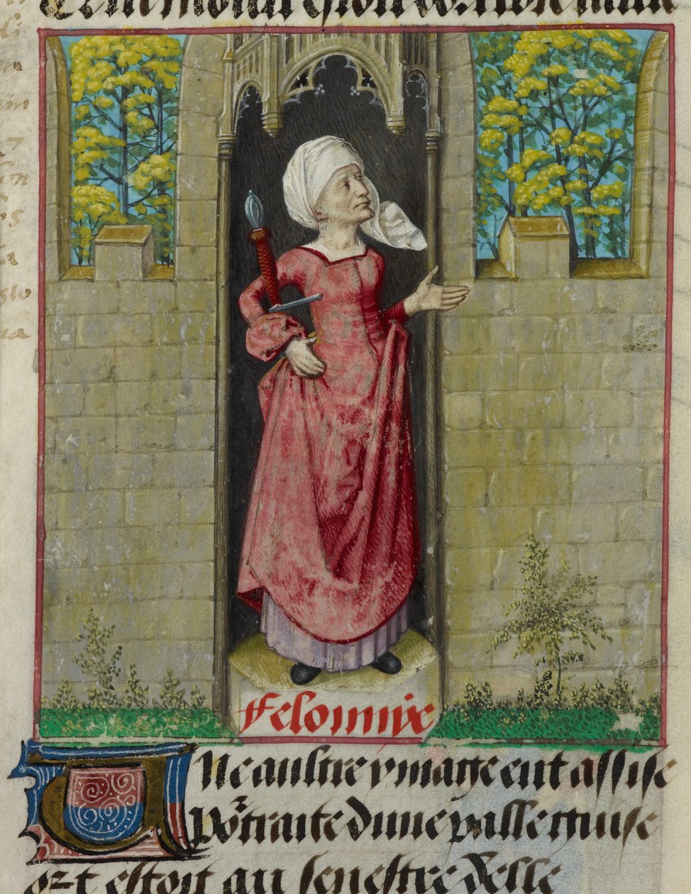 Detail miniatury alegorické postavy Feloniye (zločin), v prvním sloupci folia, z „Le Roman de la Rose“ od Unknown artist