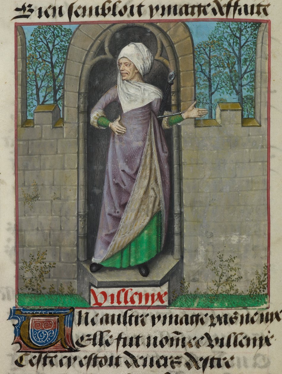 Detail miniatury alegorické postavy Vilenie (Villainy), ve druhém sloupci folia, z „Le Roman de la Rose“ od Unknown artist