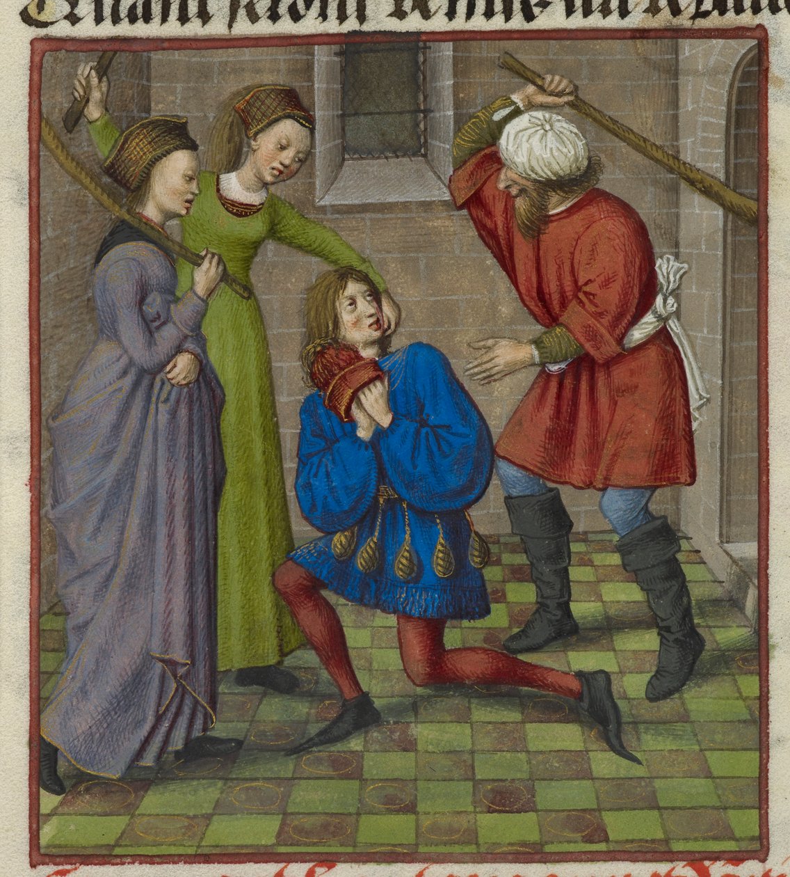 Yksityiskohta pienoiskoosta, jossa Honte, Peur ja Danger hyökkäävät rakastajaan, elokuvasta "Le Roman de la Rose" od Unknown artist