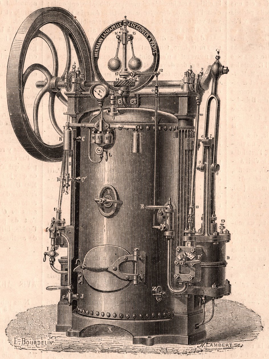 Detailní technický pohled na malý parní stroj vyrobený v Paříži v roce 1866: kotel, válec, píst, ojnice a setrvačník od Unknown