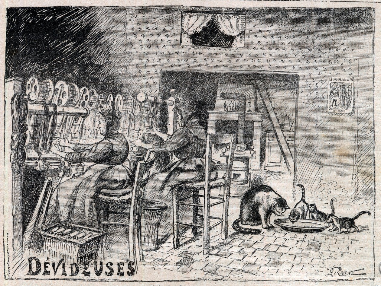 Devideuses - Atelier de Canut - interiér dílny tkadleny hedvábí v Lyonu rytina v „Le Progres illustrious““ z roku 1895 od Unknown artist