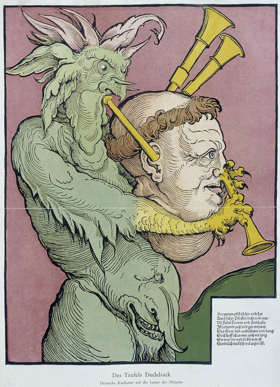 Ďábel hrající na dudy s hlavou mnicha - rytina od Unknown artist