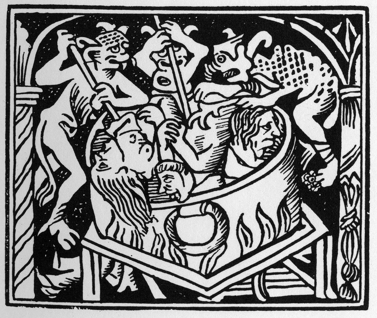 Ďáblové mučí bujnou studnu ohně a síry – v „“Grand Calendrier et Compost des Bergers“, Lyon od Unknown artist