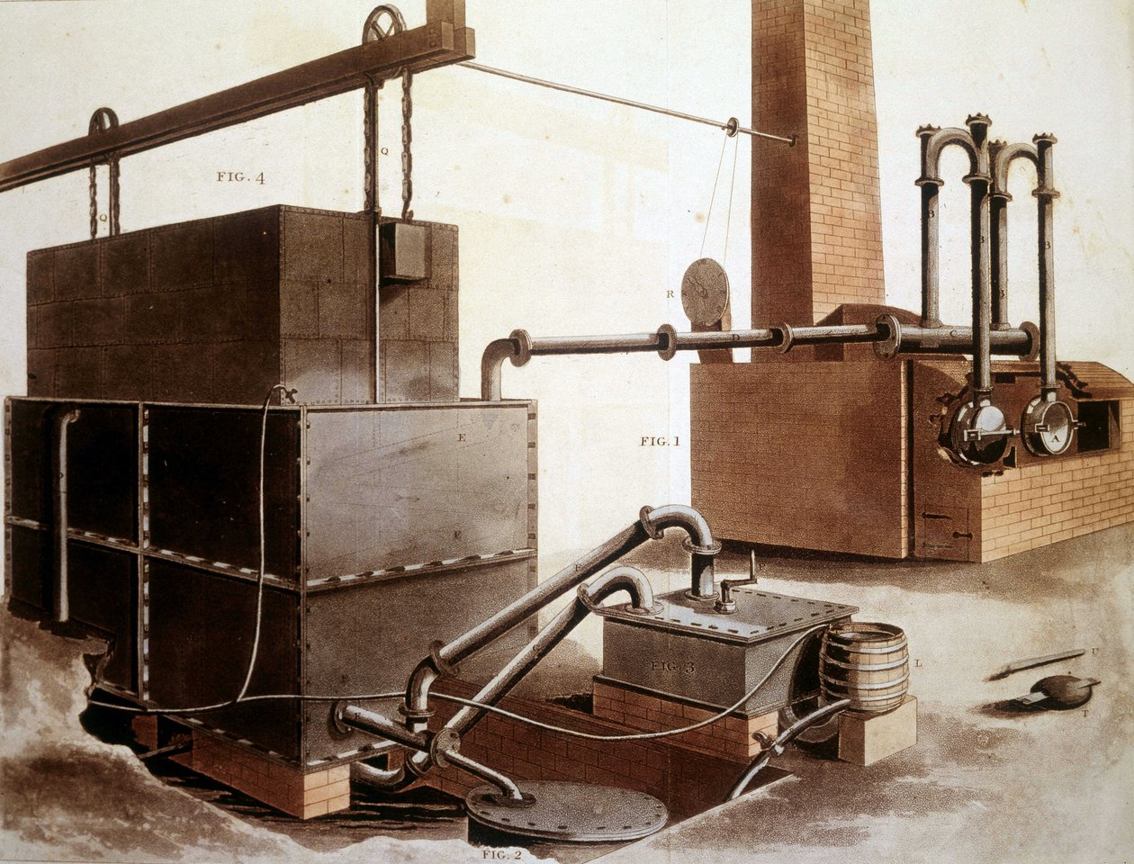 Diagram vysvětlující výrobu uhelného plynu, Londýn 1815. od Unknown artist
